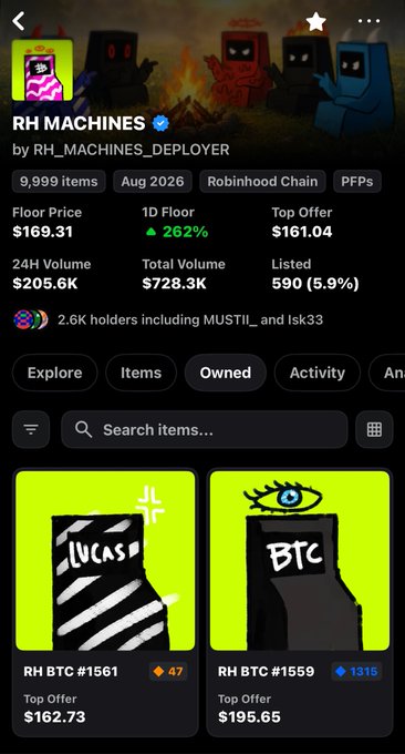 The image shows a mobile app page for the "RH MACHINES" NFT collection on Robinhood Chain, displaying 9,999 items with a floor price of $169.31, up 262%, and 2.6K holders. Two featured PFPs, "RH BTC #1561" and "RH BTC #1559," are visible, tying into the post's claim that the machines "cooked hard on BTC (ordinals)" and are now launching on Robinhood Chain.