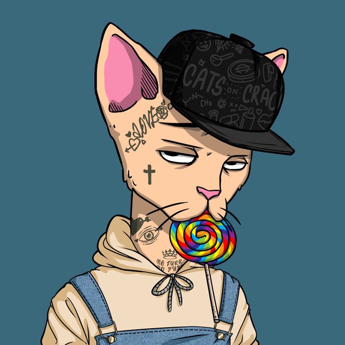 A stylized digital illustration of a grumpy-looking hairless cat wearing a black patterned cap that reads 'CATS ON CRACK,' with facial tattoos, a hoodie, denim overalls, and holding a rainbow swirl lollipop in its mouth.