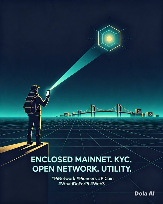 A figure stands on a ledge shining a flashlight toward a glowing hexagonal symbol above a futuristic city, with the text "ENCLOSED MAINNET. KYC. OPEN NETWORK. UTILITY." and hashtags "#PiNetwork #Pioneers #PiCoin #WhatIDoForPi #Web3" displayed below.

The image visually reinforces the post's message of focused, persistent progress, depicting a pioneer illuminating the path toward Pi Network's enclosed mainnet and open network utility—symbolizing the disciplined community building toward a shared future.