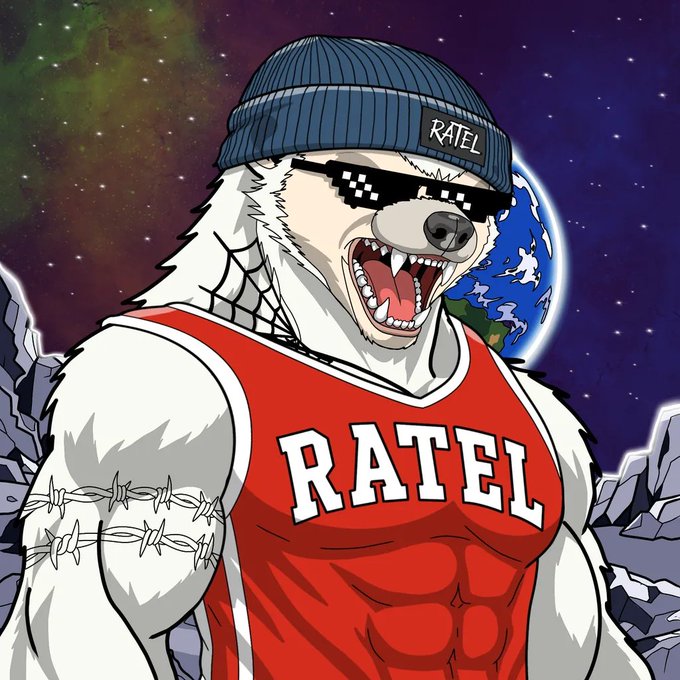 Cartoon illustration of an anthropomorphic honey badger wearing pixelated sunglasses and a red tank top with 'RATEL' printed on it, set against a space background with Earth.
