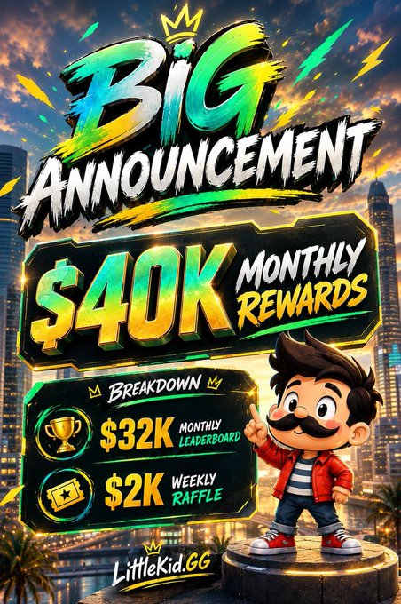 A promotional graphic featuring a cartoon character pointing toward bold "BIG ANNOUNCEMENT" text, highlighting a "$40K Monthly Rewards" breakdown with $32K for the Monthly Leaderboard and $2K Weekly Raffle, branded by "LittleKid.GG." The image visually reinforces the post's message about the rewards structure and the LittleKid code for Shuffle.