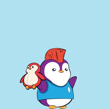 A simple cartoon illustration on a light blue background depicts a purple and white penguin with a red crest holding a smaller red and white penguin.