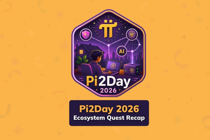 The image features a hexagonal badge with a purple cosmic theme, depicting a person working on a laptop alongside Pi Network symbols, a shield, and an "AI" icon, with the text "Pi2Day 2026." Below the badge, a caption reads "Pi2Day 2026 Ecosystem Quest Recap," serving as a header for an article summarizing the Pi2Day 2026 Ecosystem Quest event held from June 28 to July 13.
