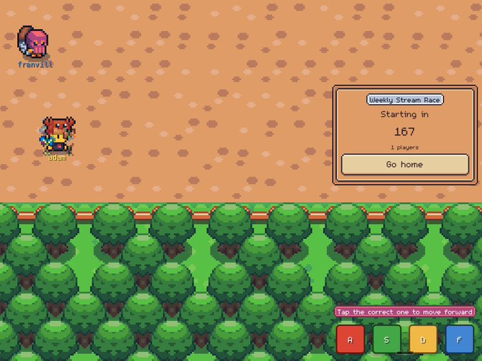 The image shows a "Weekly Stream Race" interface counting down 167 seconds with 1 player, where two pixel-art characters named "franvill" and "adam" stand on a dirt path above a row of trees. This connects to the post about BumpkinBuilder's community mini-games experiment, as the racing-style challenge appears to be a "Mario Party-inspired" competitive mini-game where players must "tap the correct one to move forward" using the A, S, D, F keys shown at the bottom.