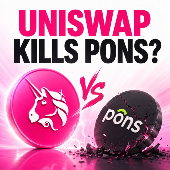 A digital graphic with bold text "UNISWAP KILLS PONS?" showing a bright pink Uniswap unicorn token vs. a cracked black "pons" coin, suggesting a crypto rivalry.