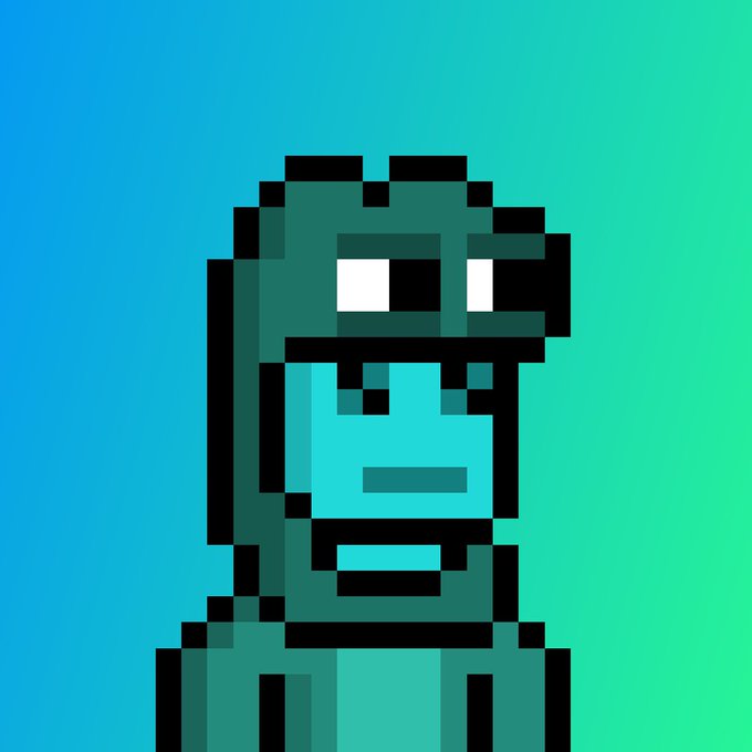A pixel art character with a cyan face, white eyes, and a dark hood against a blue-to-green gradient background.