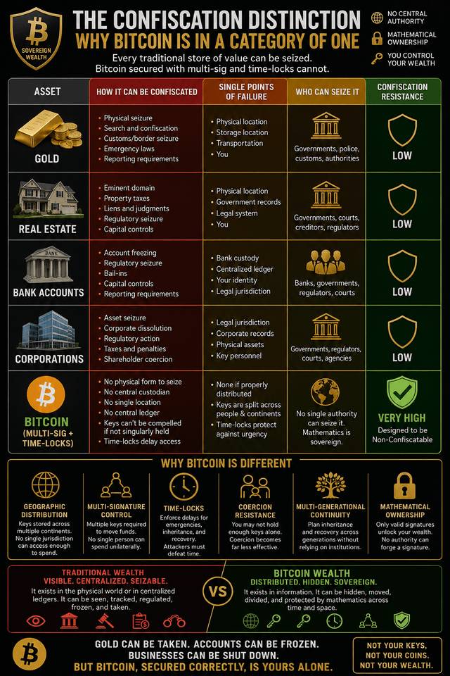 The image shows a black and white poster with various icons representing different aspects of Bitcoin, such as real estate, banks, and coins. The poster also includes text explaining why Bitcoin is considered an asset that cannot be confiscated by governments or other authorities.