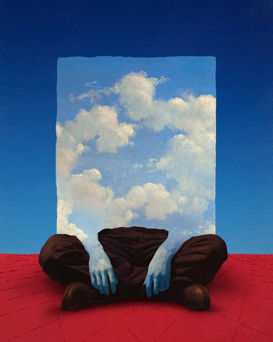 A surreal painting depicting a figure in black sitting cross-legged on a red surface, with clouds filling the space where its head and hands should be, set against a deep blue sky.