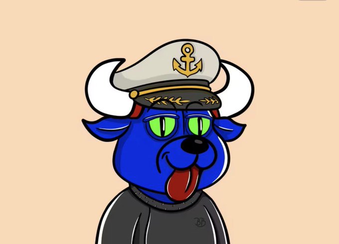 A cartoon illustration of a blue dog character wearing a white captain's hat with a gold anchor emblem, dressed in a dark shirt and making a goofy face with its tongue hanging out.