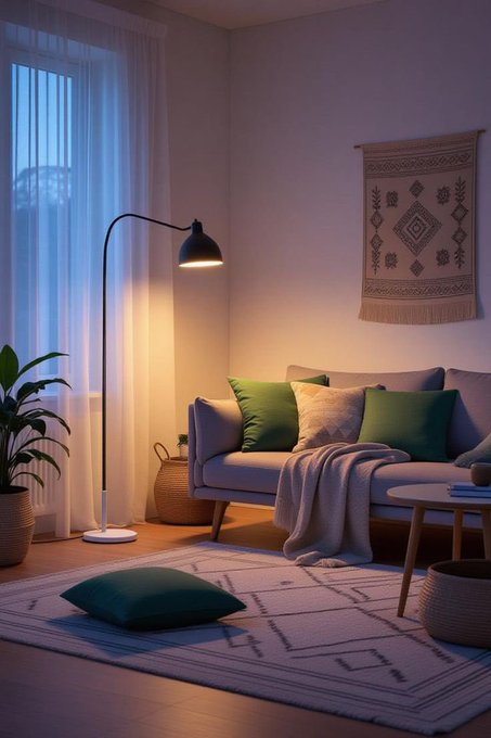 A cozy living room interior at dusk with a gray sofa decorated with green and yellow pillows, a floor lamp casting warm light, a patterned rug, and a wall tapestry, all illuminated with soft purple and orange tones.