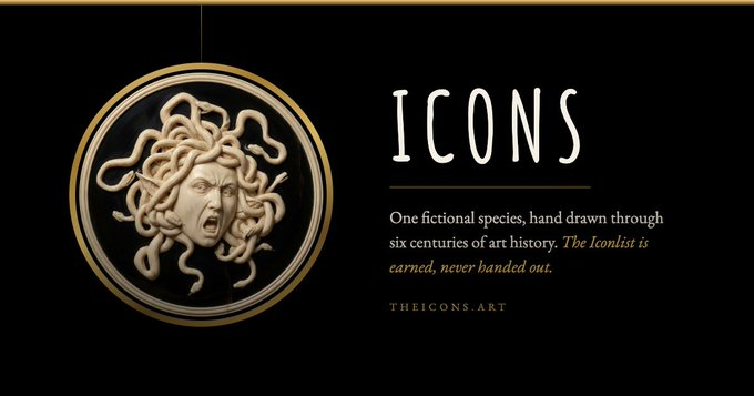 A promotional banner for 'ICONS' featuring a circular Medusa-style illustration of a screaming face with snake hair, with text: 'One fictional species, hand drawn through six centuries of art history. The Iconist is earned, never handed out.' and website THEICONS.ART.