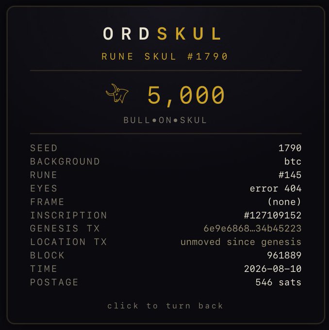 A digital card titled 'ORDSKUL' for 'RUNE SKUL #1790' showing details like Seed 1790, Background btc, Rune #145, and other blockchain inscription data.