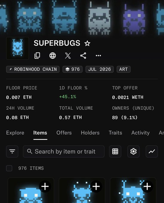 NFT collection page for 'SUPERBUGS' on Robinhood Chain, showing a floor price of 0.007 ETH, 976 items from July 2026, and pixel-art bug thumbnails.
