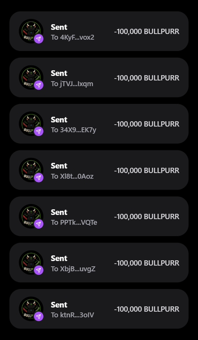 The image displays a transaction history showing seven separate "Sent" transfers of -100,000 BULLPURR tokens each to different Solana wallet addresses (4KyF...vox2, jTVJ...bxgm, 34X9...EK7y, Xl8t...0Aoz, PPTk...VQTe, Xbjb...uvgZ, and ktnR...3olV). This supports the accompanying post's claim that the first 500 wallets dropping their SOL addresses will receive a guaranteed 100,000 $BULLPURR airdrop, with the image serving as proof of token distributions already being made.