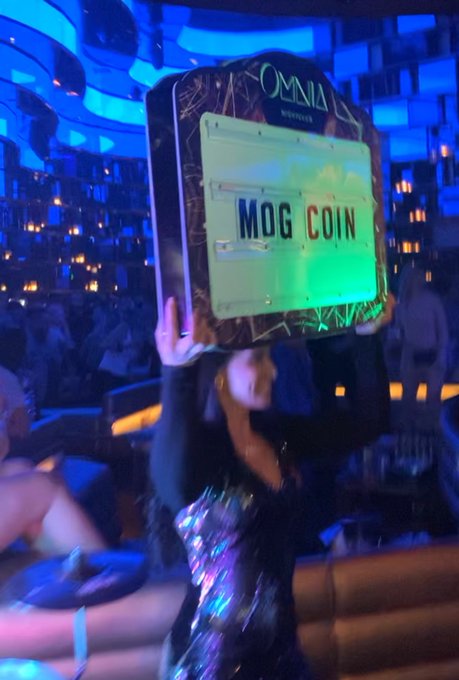 A woman in a sparkly dress holds up an illuminated novelty license plate reading "MOG COIN" with the "OMNIA Nightclub" logo at the top, promoting the meme cryptocurrency at a club event — tying into the post's joke about spending 0.5 ETH on the custom sign during a past bull run.