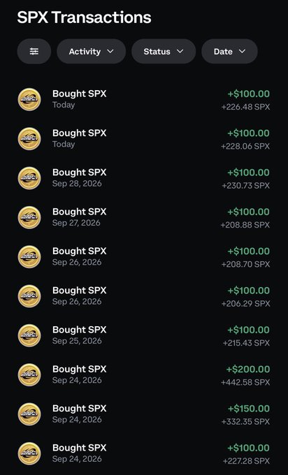 A dark-themed "SPX Transactions" history screen shows a series of consistent $100 purchases of SPX6900, with each transaction earning between 206–448 SPX coins over the past week (Sept 24–28, 2026). The repeated daily buys reflect the bullish, goal-updating accumulation strategy described in the caption, showing steady progress toward the user's escalating SPX holdings targets.