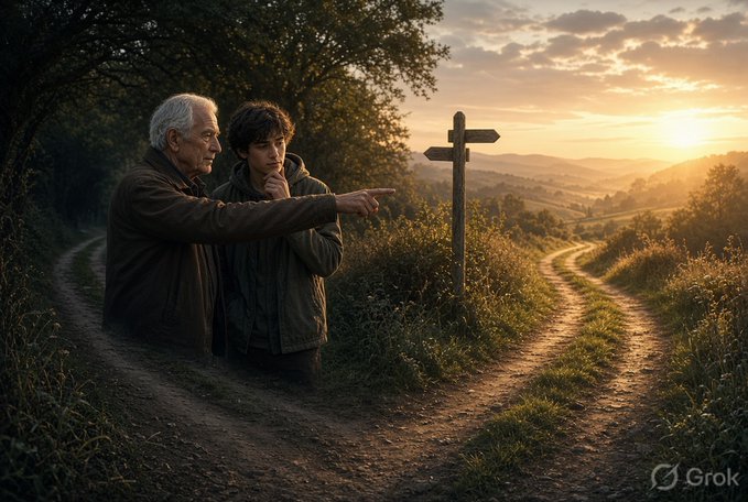 Cinematic image showing an older man pointing down a fork in a dirt path while standing next to a young boy at sunset, watermarked with the Grok logo.