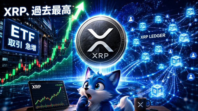 The image shows a vibrant promotional graphic featuring a cartoon fox reacting in surprise at a laptop displaying an XRP price chart, with a large XRP coin, a "過去最高" (all-time high) chart trend, and an "XRP LEDGER" network visualization in the background. Text on the screen reads "XRP、過去最高" (XRP, all-time high) and "ETF 取引 急増" (ETF trading volume surge), visually emphasizing the post's message about XRP hitting record ETF trading volumes of 19.9 billion yen and surging on-chain activity.
