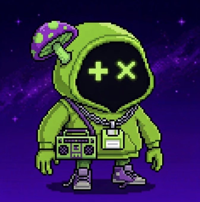 A pixel art character wearing a green hoodie with a mushroom design, featuring a black face with glowing green plus and X eyes, holding a green boombox against a starry purple space background.