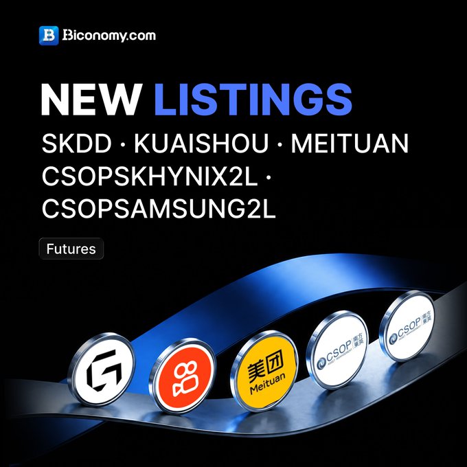 A Biconomy.com advertisement announces 'NEW LISTINGS' on its platform, including tickers 'SKDD · KUAISHOU · MEITUAN' and 'CSOPSKHYNIX2L · CSOPSAMSUNG2L' under a 'Futures' category, with circular brand logos displayed along a blue ribbon.