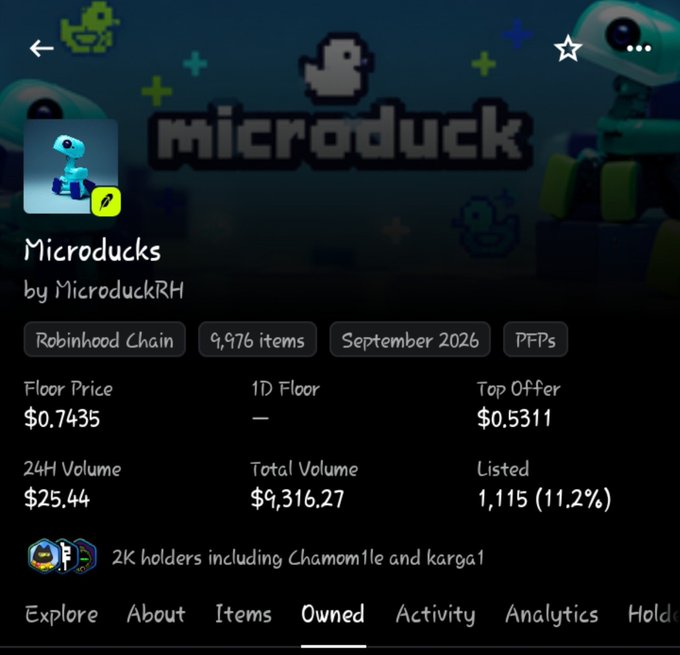 A screenshot of a NFT collection page for 'Microducks' by MicroduckRH on Robinhood Chain, showing 9,976 items with a floor price of $0.7435 and total volume of $9,316.27.