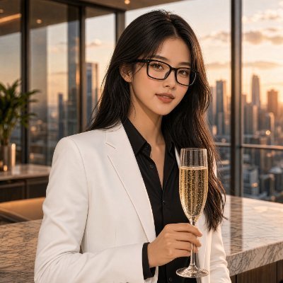 An AI-generated image of an Asian woman with long dark hair and glasses, wearing a white blazer over a black shirt, holding a champagne glass against a city skyline at sunset.