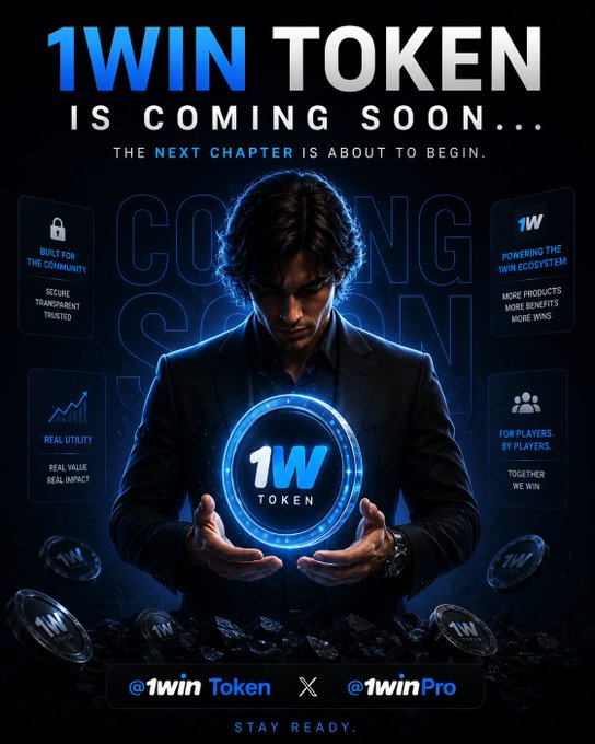 Promotional poster announcing '1WIN TOKEN IS COMING SOON' featuring a man in a suit holding a glowing blue 1W token, with text highlighting utility, security, and benefits for the community.