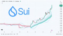 The image displays a SUI/USD price chart from TradingView, featuring the Sui Network logo alongside a candlestick graph that shows a significant upward price trend. The chart visually reinforces the post's promotion of Sui Network by highlighting the cryptocurrency's recent bullish performance, suggesting growing interest and value in the $SUI ecosystem being discussed.