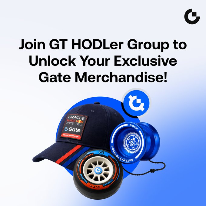 Promotional graphic reading 'Join GT HODLer Group to Unlock Your Exclusive Gate Merchandise!' featuring a Gate.io Oracle Red Bull Racing cap and yo-yo merchandise.