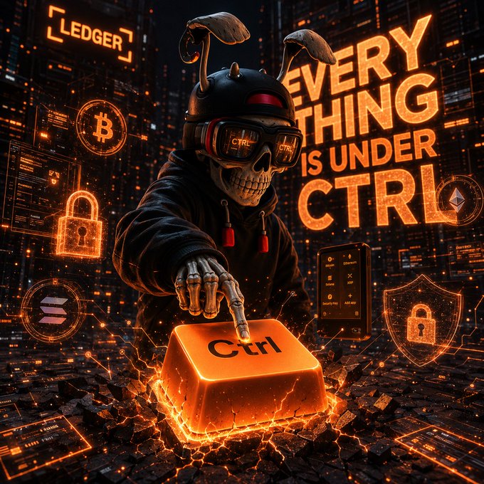 The image features a skeleton wearing glasses, holding an orange keyboard with the word "CITR" written on it. The skeleton appears to be pointing at the keyboard, possibly interacting with it or making a selection from its keys. The background of the image is black and filled with various icons related to cryptocurrency and digital wallets, such as Bitcoin and Ether. There are also several lockpicks scattered throughout the scene, which could symbolize the concept of securing one's digital assets in the world of cryptocurrencies.