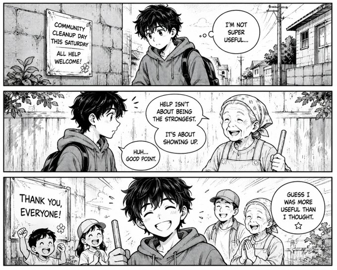 A black-and-white manga comic showing a young boy at a 'COMMUNITY CLEANUP DAY' who feels useless, but an elderly woman tells him 'HELP ISN'T ABOUT BEING THE STRONGEST, IT'S ABOUT SHOWING UP,' and he ends up smiling with the group.