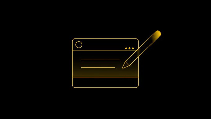 A minimalist golden line-art icon of a browser window with a pencil on a black background.