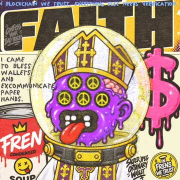 A satirical crypto-art illustration depicts a melting purple Pope-like figure with Bitcoin symbols as eyes inside a snow globe, with the header "IN BLOCKCHAIN WE TRUST - DISREGARD DEN NEEDS VERIFICATION" and the bold title "FAITH" alongside a dripping pink Bitcoin logo and slogans like "I CAME TO BLESS WALLETS" and "FREN CONDENSED SOUP," tying into the post's playful "Burned. Forged. Ascending. This is fun!" commentary on JPEG culture.