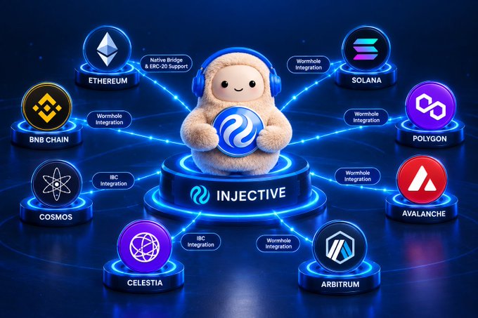 The image displays a cute mascot character holding an Injective ($INJ) logo at the center of a network diagram, surrounded by connected blockchain platforms including Ethereum, Solana, BNB Chain, Polygon, Cosmos, Avalanche, Celestia, and Arbitrum, with labels indicating integration types like "Wormhole Integration," "Native Bridge & EVM-20 Support," and "IBC Integration." The graphic visually represents the post's claim that $INJ is live across multiple chains—Ethereum, BNB Chain, and Solana being highlighted—showcasing Injective's cross-chain interoperability despite the chain portion being simpler than the elaborate visual suggests.