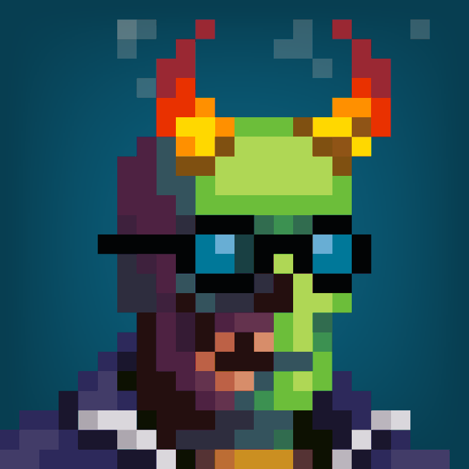 A pixel art portrait of a green-skinned character with horns, sunglasses, and a jacket against a dark teal background.