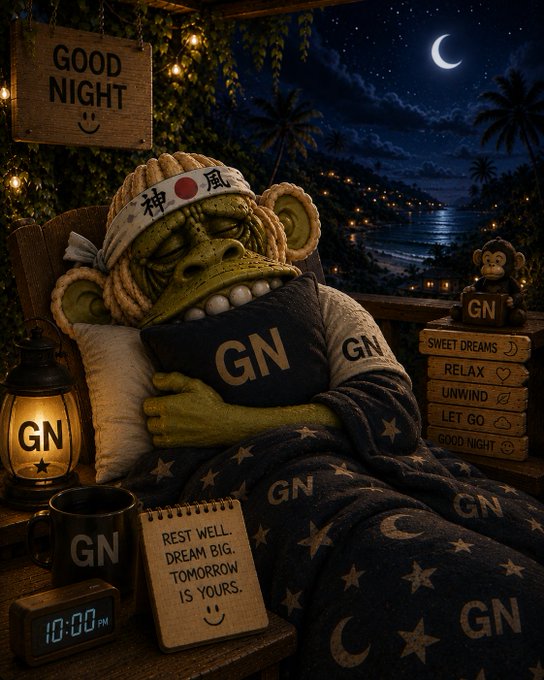 A whimsical illustration of a green monkey character wearing a '神風' headband sleeping in bed with a 'GOOD NIGHT' sign, surrounded by GN-branded merchandise, a notepad reading 'REST WELL. DREAM BIG. TOMORROW IS YOURS.', and a digital clock showing 10:00 PM.