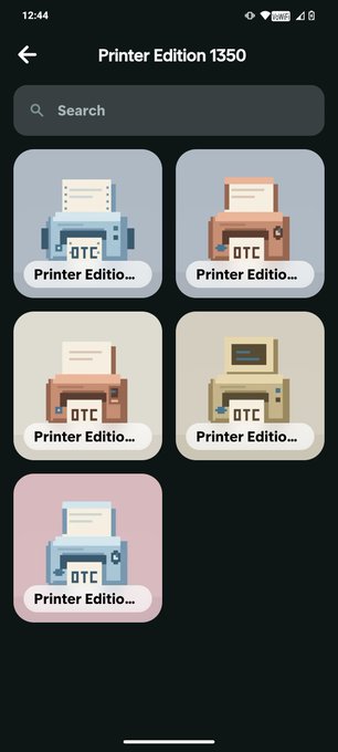 A mobile app screen titled "Printer Edition 1350" displays a grid of pixel-art printer thumbnails labeled "Printer Editio..." on dark backgrounds.