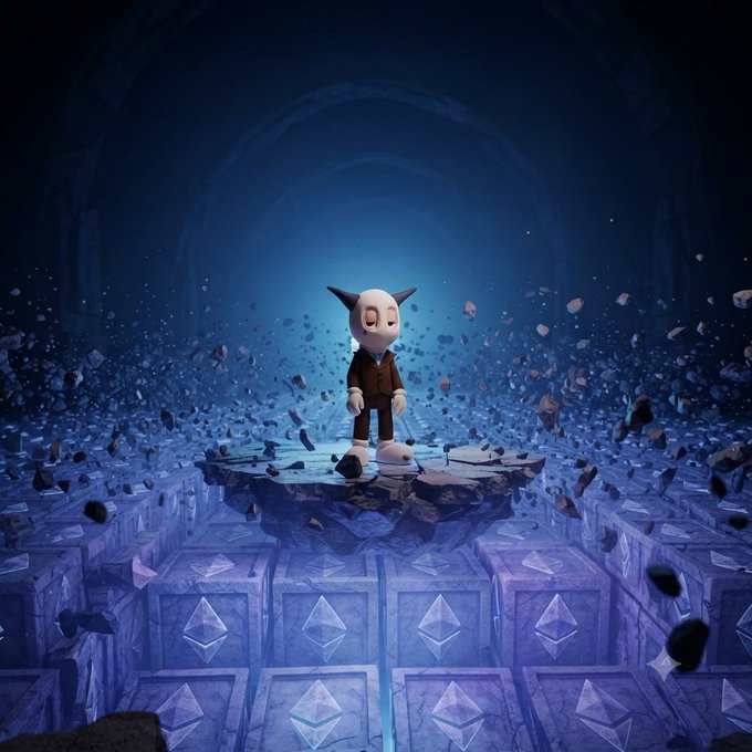 A 3D rendered image of a small horned figure in a suit standing on a floating platform amidst floating debris and pyramids, set in a dark, atmospheric blue environment.