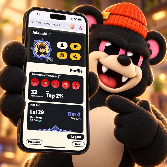 An AI-generated image shows a black bear mascot wearing an orange beanie holding up a smartphone displaying the FrankyTheFrog.com/hub profile for 'Adamski' with Level 29, Tier 4, and Top 2% achievements.