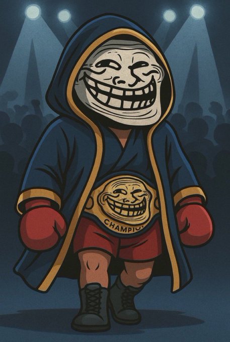 The image features a cartoon character, possibly a boxer or wrestler, wearing boxing gloves and a blue hoodie with gold accents. The character has a funny expression on their face as they walk across the frame. In the background, there are several people watching the scene unfold. The caption to the image reads "Winners win. $Troll". This suggests that the cartoon character is likely a winner in some sort of competition or event and is being referred to as a troll for his humorous expression.

The overall atmosphere of the image seems lighthearted, with the cartoon character appearing to be enjoying himself despite the presence of the audience watching him. The combination of the funny expression on the character's face and the caption "Winners win. $Troll" creates an amusing and entertaining scene that captures the viewer's attention.