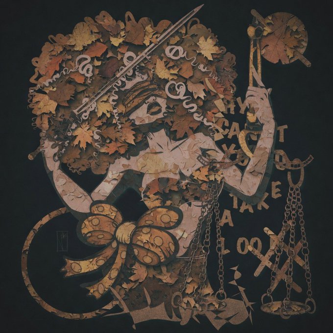 A detailed mixed-media artwork featuring a woman's face surrounded by autumn leaves, scales of justice, a sword, chains, and the text 'TAKE A LOOK' in a vintage artistic style.