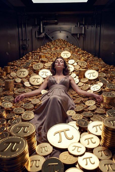 A woman in a flowing dress sits with eyes closed atop a massive pile of gold coins embossed with the Pi symbol, set against the backdrop of a bank vault.