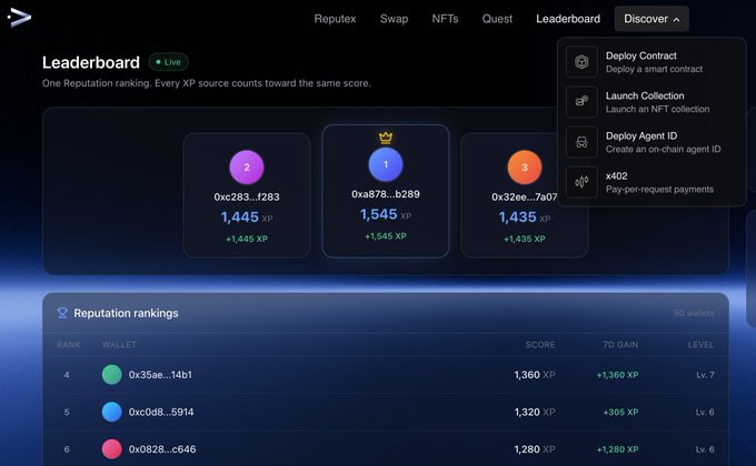 A "Leaderboard" page showing reputation rankings with the top wallet (0xa878…b289) earning 1,545 XP and displaying a "Discover" dropdown menu featuring options like "Deploy Contract," "Launch Collection," "Deploy Agent ID," and "x402 Pay-per-request payments." The image illustrates the Base ecosystem tools mentioned in the post, showcasing how the platform makes features like contract deployment and x402 payments accessible on @base.