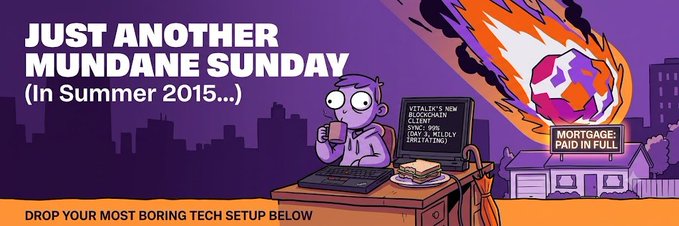 A pixel art illustration shows a person sipping coffee at a desk with a chalkboard reading "Vitalik's New Blockchain Client (Sync: 99%, 3 days, mildly irritating)" while a flaming Ethereum logo streaks across a purple sky above a "Mortgage: Paid in Full" house, capturing the mundane early days of mining Ethereum in summer 2015. The caption humorously nods to the original poster's relatable experience of struggling to sync nodes on an old ThinkPad while casually mining blocks as Ethereum first launched.