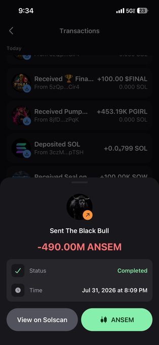 A mobile wallet screenshot showing a transactions history where a confirmation popup displays "Sent The Black Bull -490.00M ANSEM" as completed, aligning with the post's claim of moving 490M ANSEM tokens to cold storage.