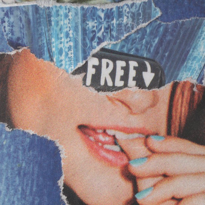 A torn paper collage artwork showing a close-up of a smiling mouth with blue nail polish, layered over blue textured paper, with a black label reading 'FREE' and a downward arrow.