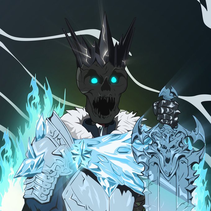 A digital artwork of a skeletal figure wearing a dark spiked crown, glowing blue eyes, and elaborate ice-blue armor, holding a staff with a skull motif.