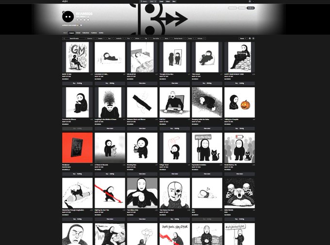 A dark-themed gallery webpage titled 'COSMOS OF UNCOMFORT' displays a grid of black-and-white illustrations featuring simple round-headed figures in dark, satirical scenarios with arrows pointing down from the header.