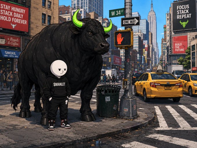 A hooded figure wearing a "$MANLET" hoodie stands next to a giant black bull with neon green horns on a city street corner near "W 34 ST," with billboards reading "STAY HUNGRY STACK DAILY HOLD FOREVER," "FOCUS STACK REPEAT," and "BUILD THE FUTURE." The image visually represents the post's "Who’s next manlets?" challenge, with the bullish bull symbolizing crypto gains, the trading-themed billboards reinforcing the "bagwork" and stacking mindset, and the literal "MANLET" hoodie tying the meme directly to the community being called out.