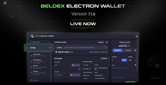 A screenshot of the Beldex Electron Wallet Version 7.1.0 announcement, showing the wallet interface with a balance of 595,871.02 BDX.